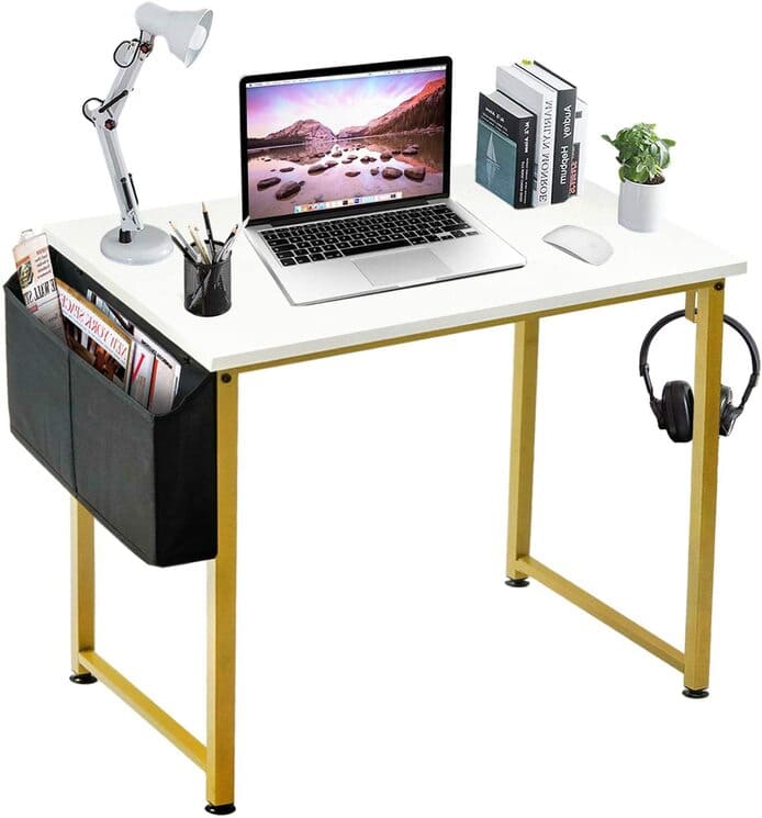 LUFEIYA Small Computer Desk White Writing Table for Home Office Small Spaces 31 Inch Modern Student Study Laptop PC Desks with Gold Legs Storage Bag Headphone Hook,White Gold